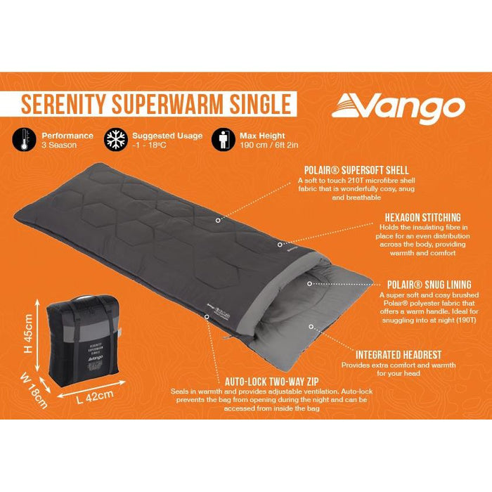 Vango Serenity Superwarm Single Sleeping Bag 3 Season Tog 10 - Vango - Van Life Living