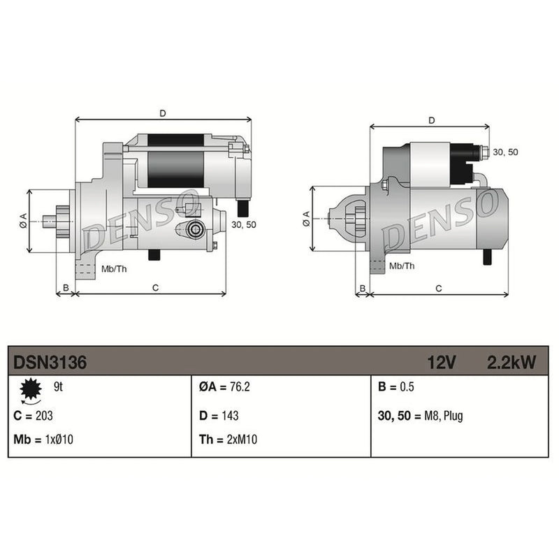 Denso Starter Motor 12V 2.2kW 9 Teeth fits Volvo S60 I 2001-2010 2.4