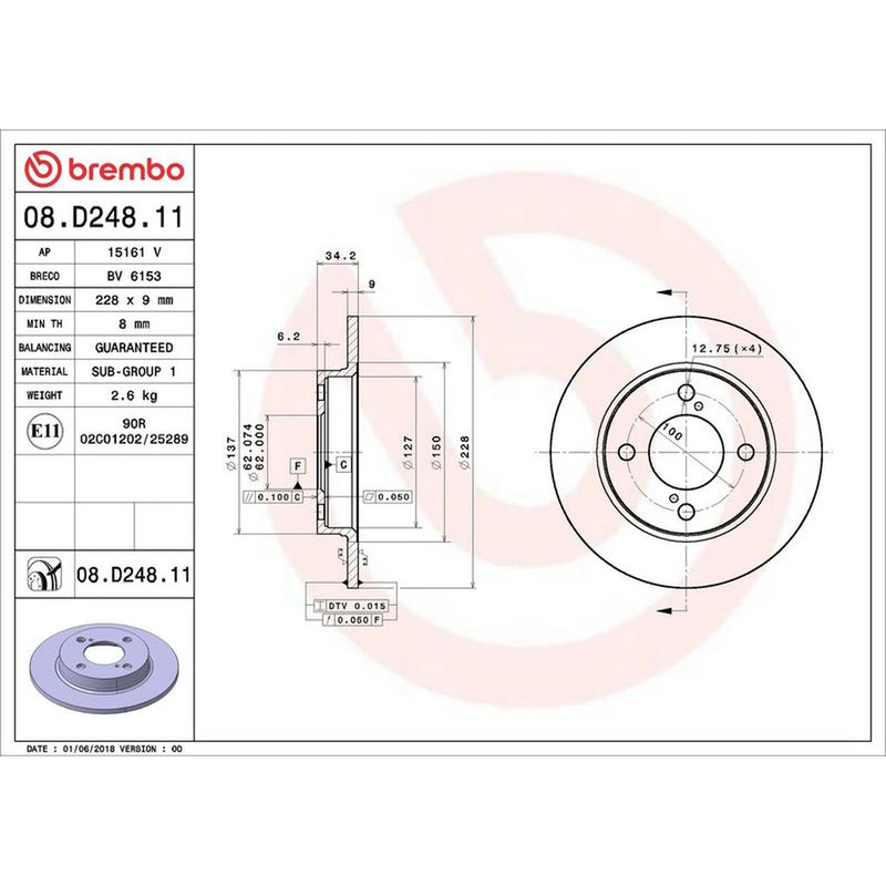Brembo 2 x Solid Rear Brake Discs 08.D248.11-x2