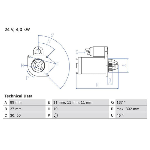 Bosch Starter Motor 24V 4kW 10 Teeth 0 986 025 530