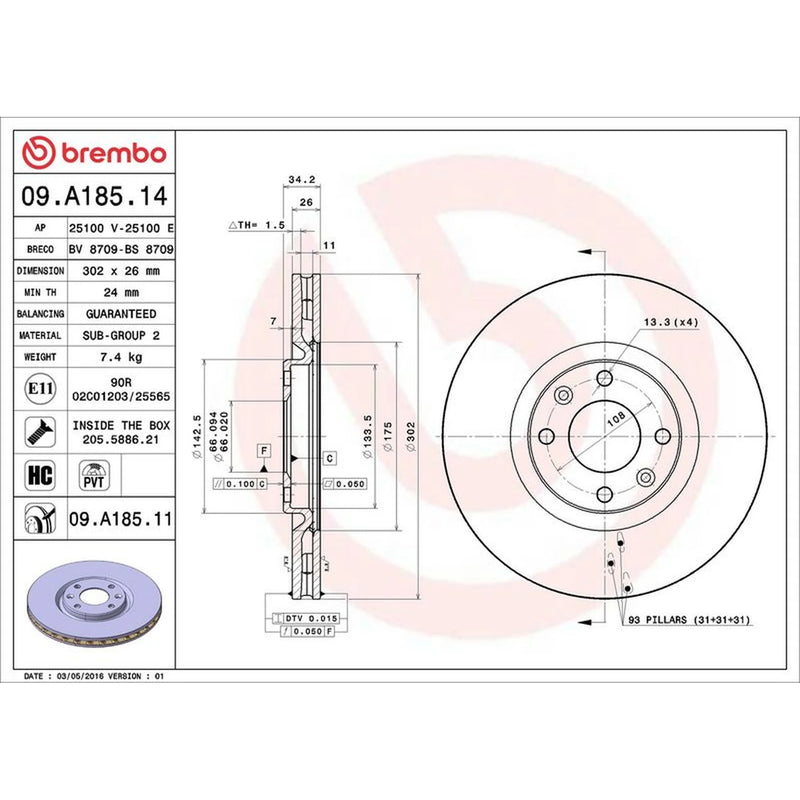Brembo 2 x Vented Front Brake Discs 09.A185.11-x2