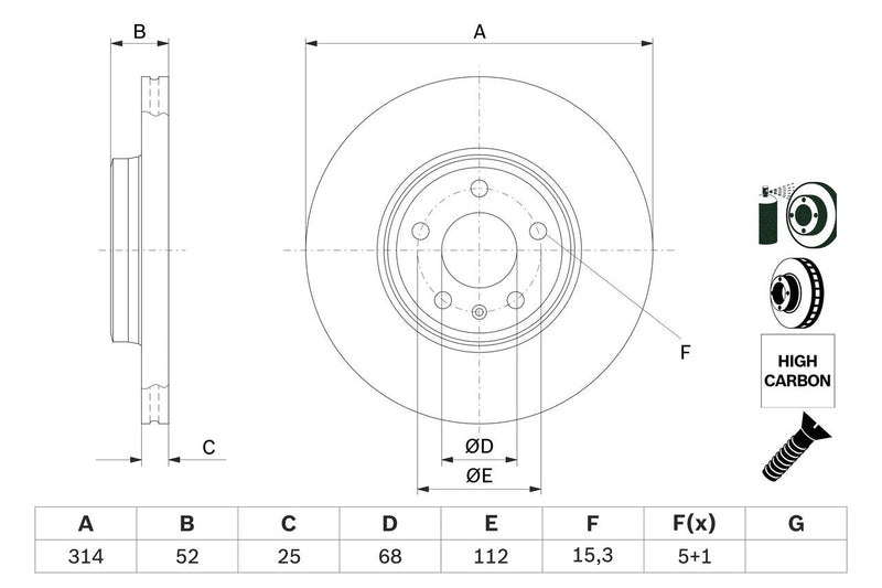 Bosch 2 x Vented 314mm Brake Disc 0986479467