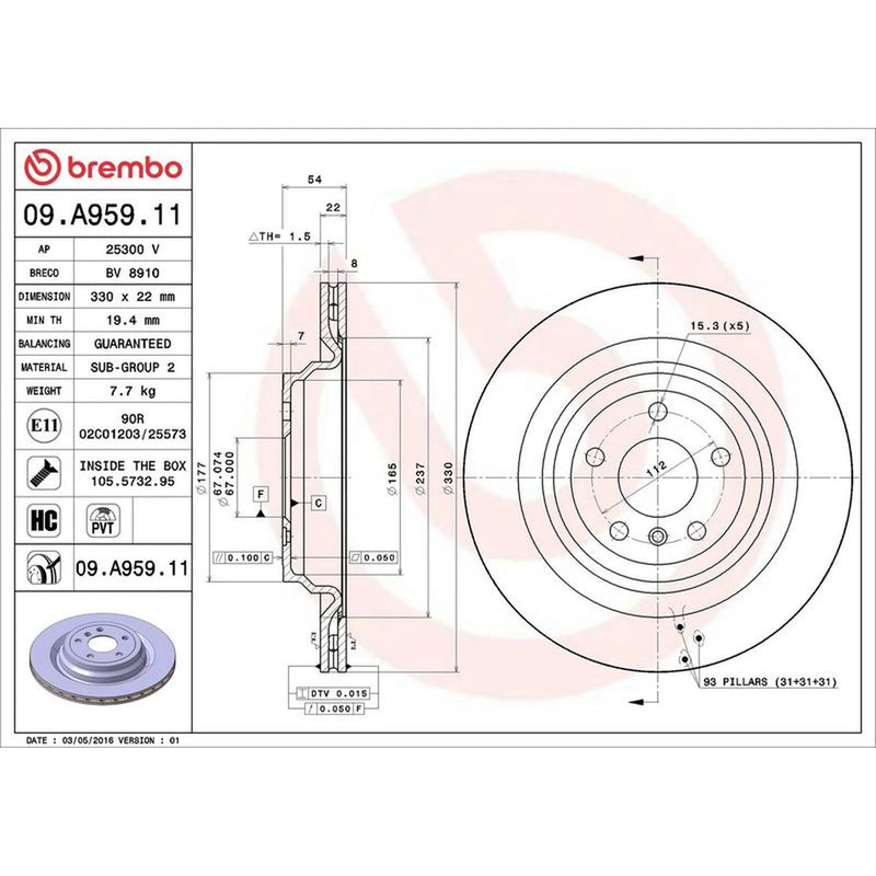 Brembo 2 x Vented Rear Brake Discs 09.A959.11-x2