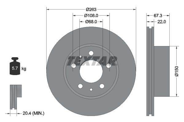 Textar 1 x Vented 263mm Brake Disc 92018600