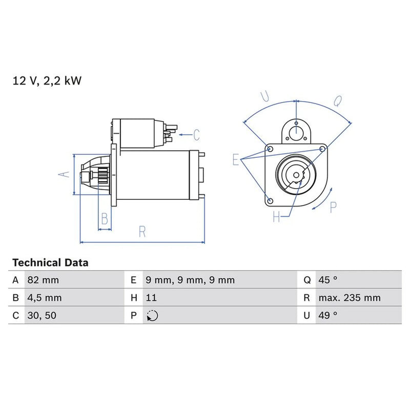 Bosch Starter Motor 12V 2.2kW 11 Teeth 0 986 025 550