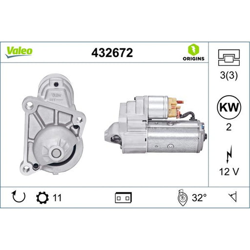 Valeo Starter Motor 12V 2kW 11 Teeth 432672