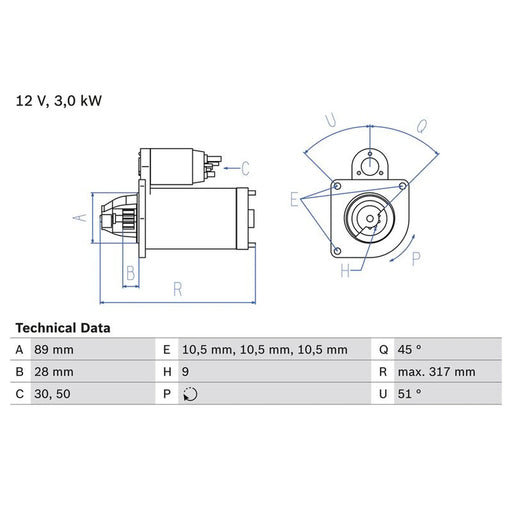 Bosch Starter Motor 12V 3kW 9 Teeth 0 986 019 020