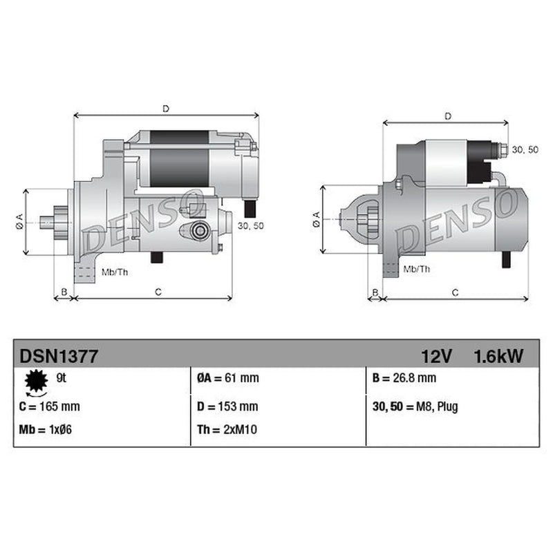 Denso Starter Motor 12V 1.6kW 9 Teeth DSN1377