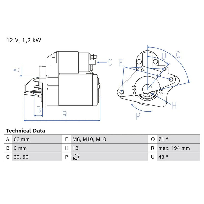 Bosch Starter Motor 12V 1.2kW 12 Teeth 0 986 026 060