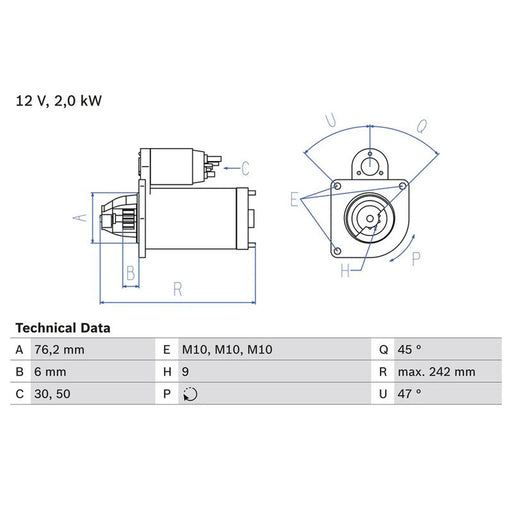 Bosch Starter Motor 12V 2kW 9 Teeth 0986021820