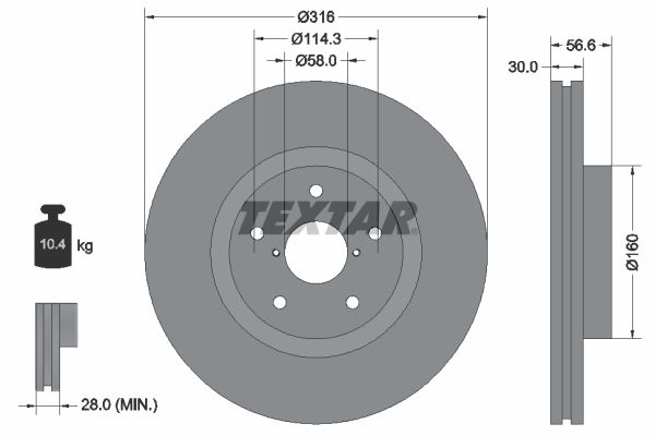 Textar 1 x Vented 316mm Brake Disc 92199203