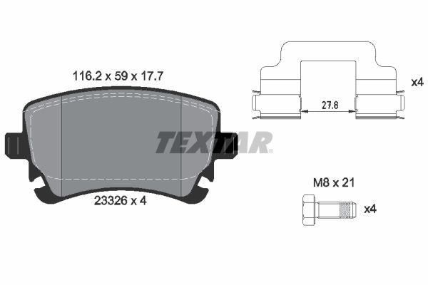 Textar Brake Pad Set Rear 116.5mm x 59mm x 17.7mm 2332601