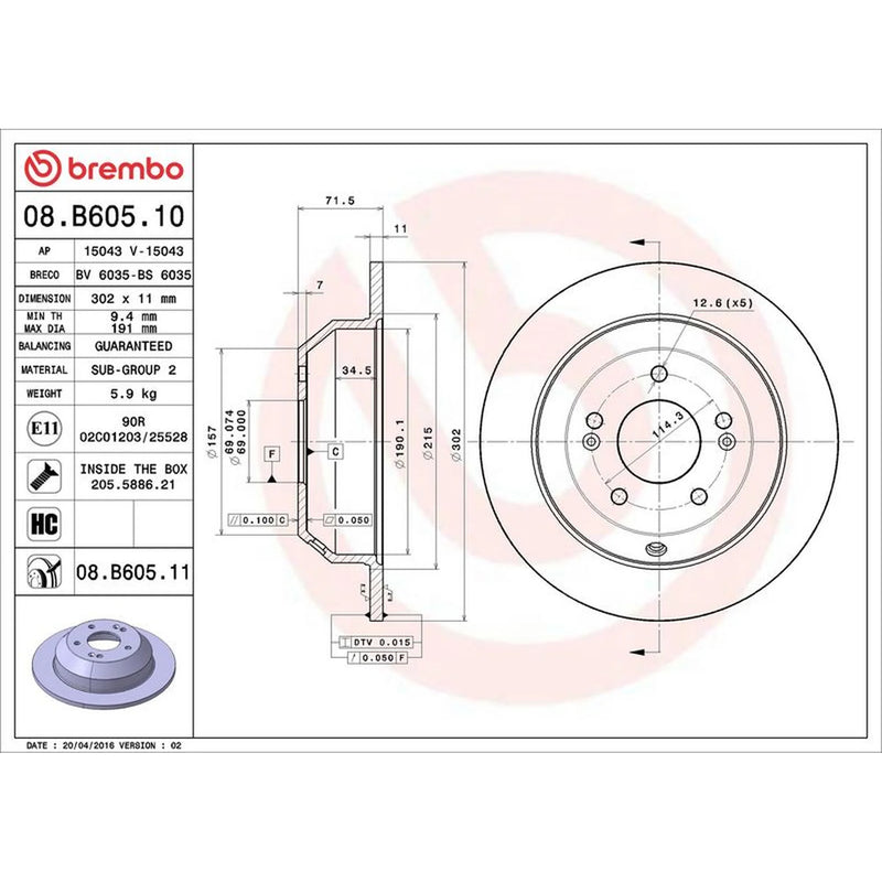Brembo 2 x Solid Rear Brake Discs 08.B605.11-x2