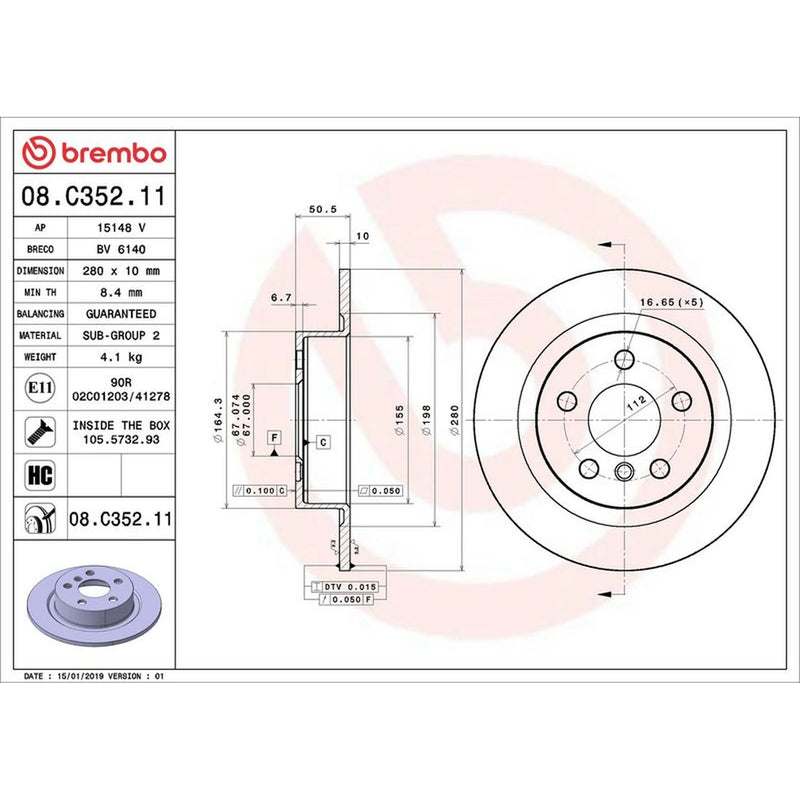 Brembo 2 x Solid Rear Brake Discs 08.C352.11-x2