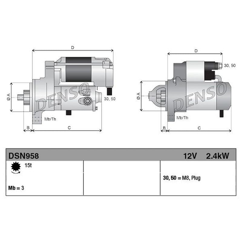 Denso Starter Motor 12V 2.4kW 15 Teeth DSN958