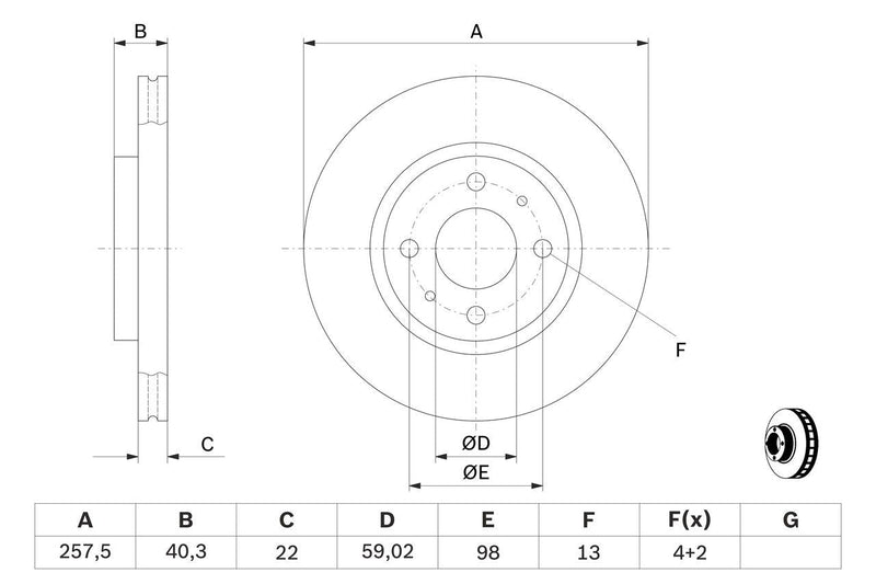 Bosch 2 x Vented 257mm Brake Disc 0986478639