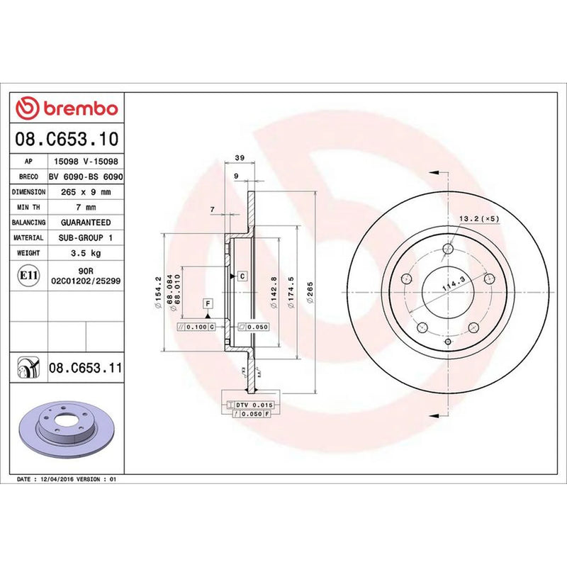 Brembo 2 x Solid Rear Brake Discs 08.C653.11-x2