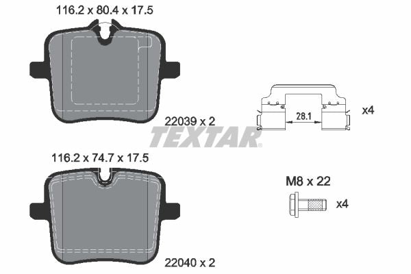 Textar Brake Pad Set Rear 116.2mm x 17.5mm 2203901