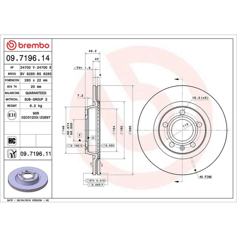 Brembo 2 x Vented Front Brake Discs 09.7196.11-x2