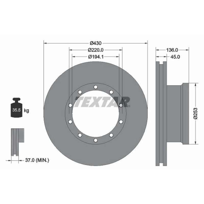 Textar 2 x Internally Vented Front Brake Discs 93101200-x2