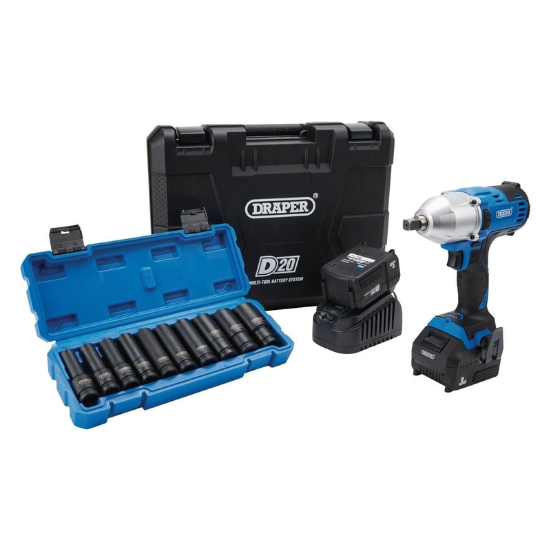 Draper D20 20V Brushless Mid-Torque Impact Wrench Kit, 1/2" Sq. Dr. & Metric Dee Draper  - Town Parts
