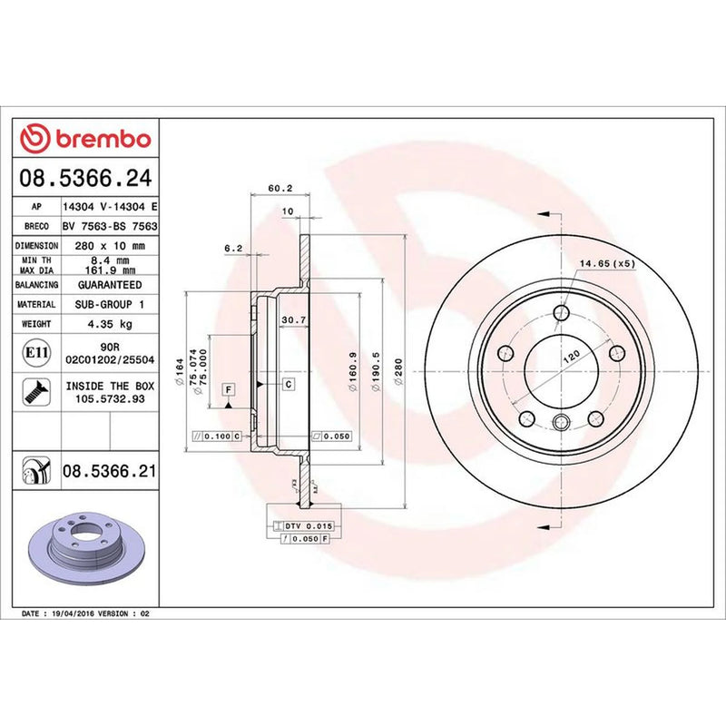 Brembo 2 x Solid Rear Brake Discs 08.5366.21-x2
