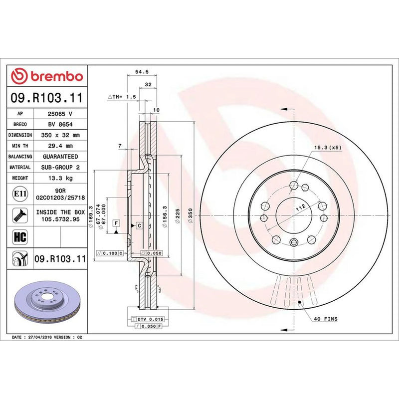 Brembo 2 x Vented Front Brake Discs 09.R103.11-x2