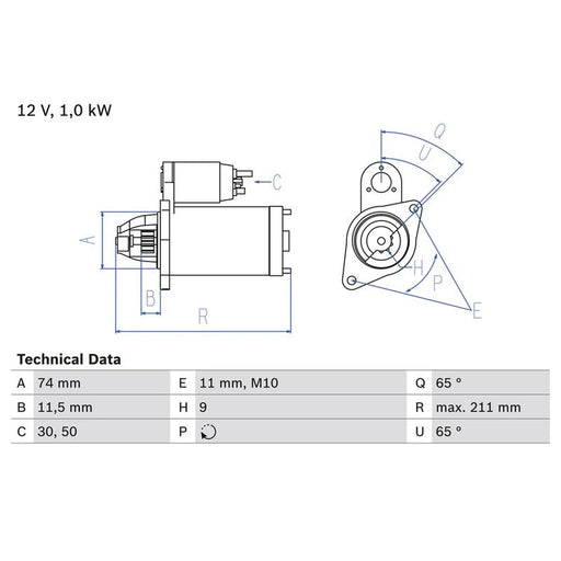 Bosch Starter Motor 12V 1kW 9 Teeth 0 986 020 571