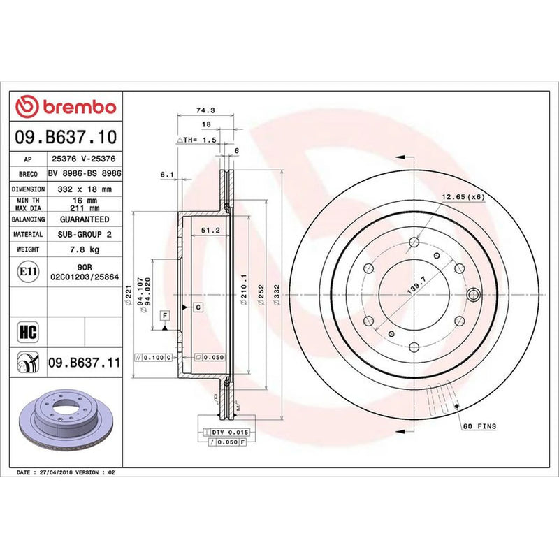 Brembo 2 x Vented Rear Brake Discs 09.B637.11-x2