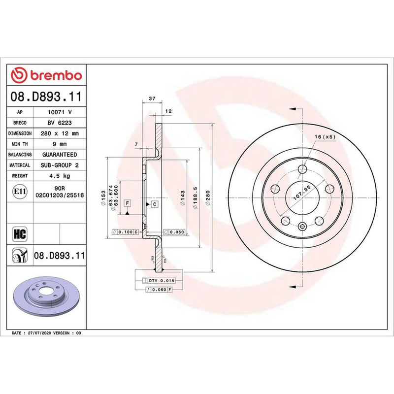 Brembo 2 x Solid Rear Brake Discs 08.D893.11-x2