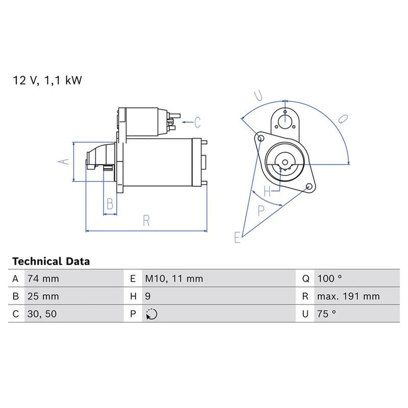 Bosch Starter Motor 12V 1.1kW Teeth 0 986 025 680