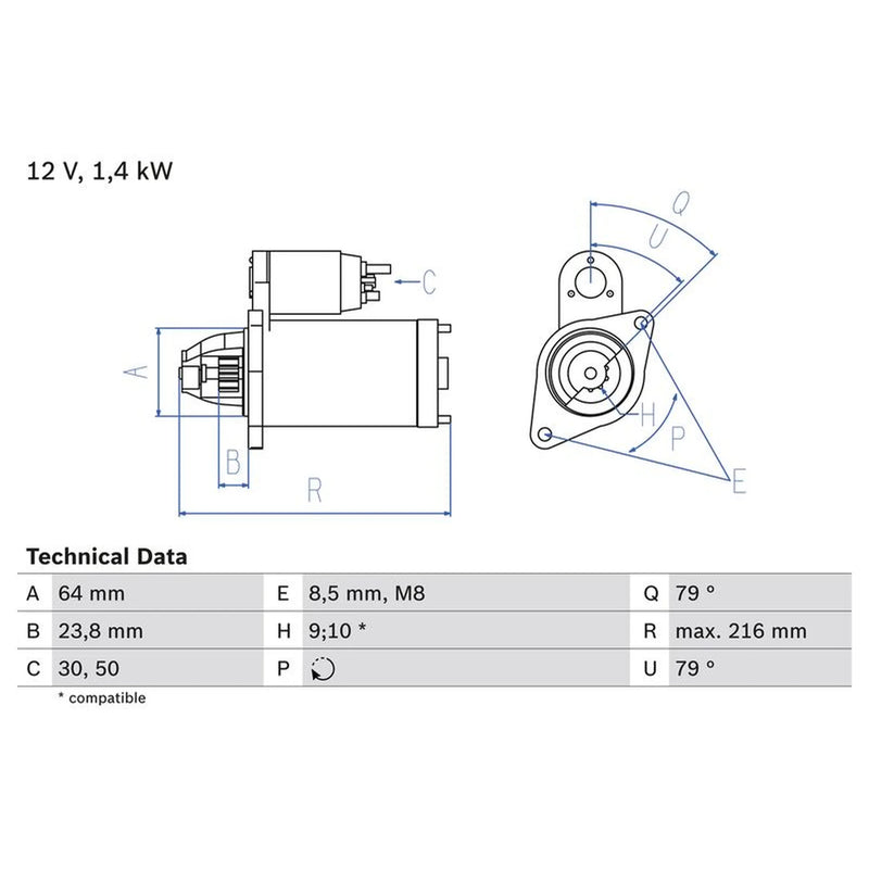 Bosch Starter Motor 12V 1.4kW 9 Teeth 0 986 022 730