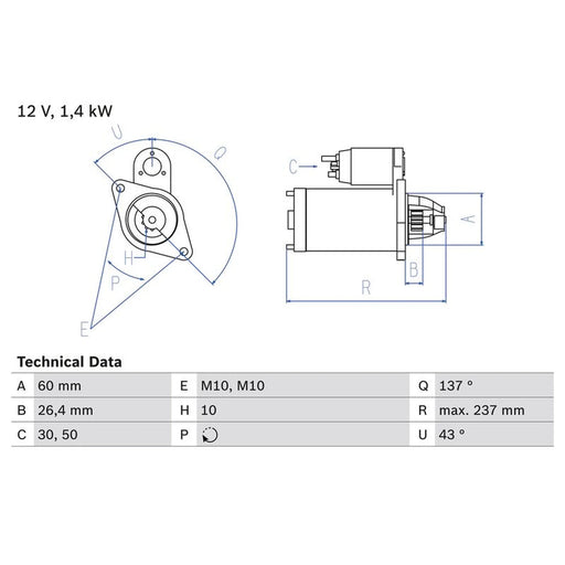 Bosch Starter Motor 12V 1.4kW 10 Teeth 0 986 021 280