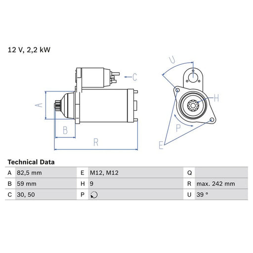 Bosch Starter Motor 12V 2.2kW 9 Teeth 0 986 022 460