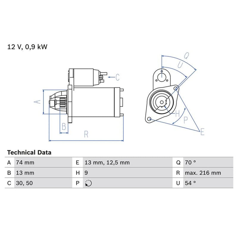 Bosch Starter Motor 12V 0.9kW 9 Teeth 0 986 018 830