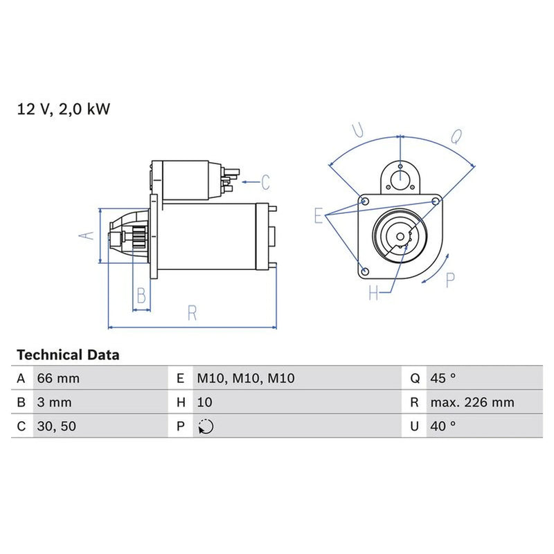 Bosch Starter Motor 12V 2kW 10 Teeth 0 986 029 090