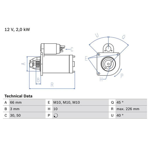 Bosch Starter Motor 12V 2kW 10 Teeth 0 986 029 090