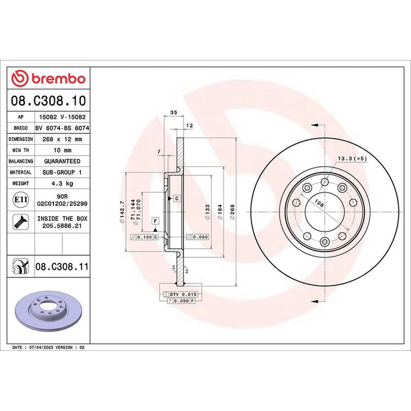 Brembo 2 x Solid Rear Brake Discs 08.C308.11-x2