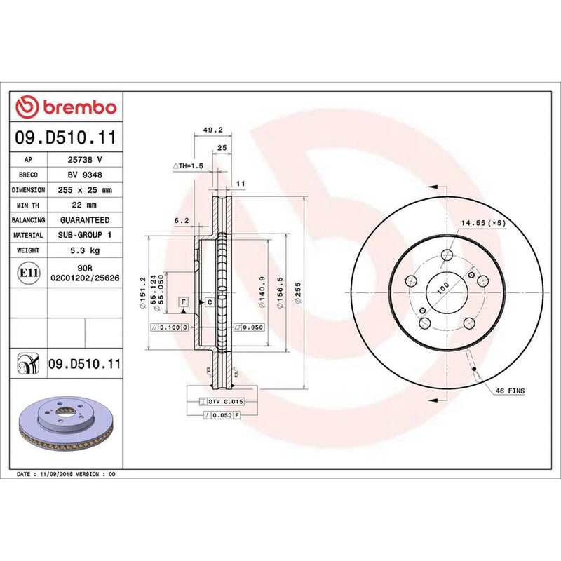 Brembo 2 x Vented Front Brake Discs 09.D510.11-x2