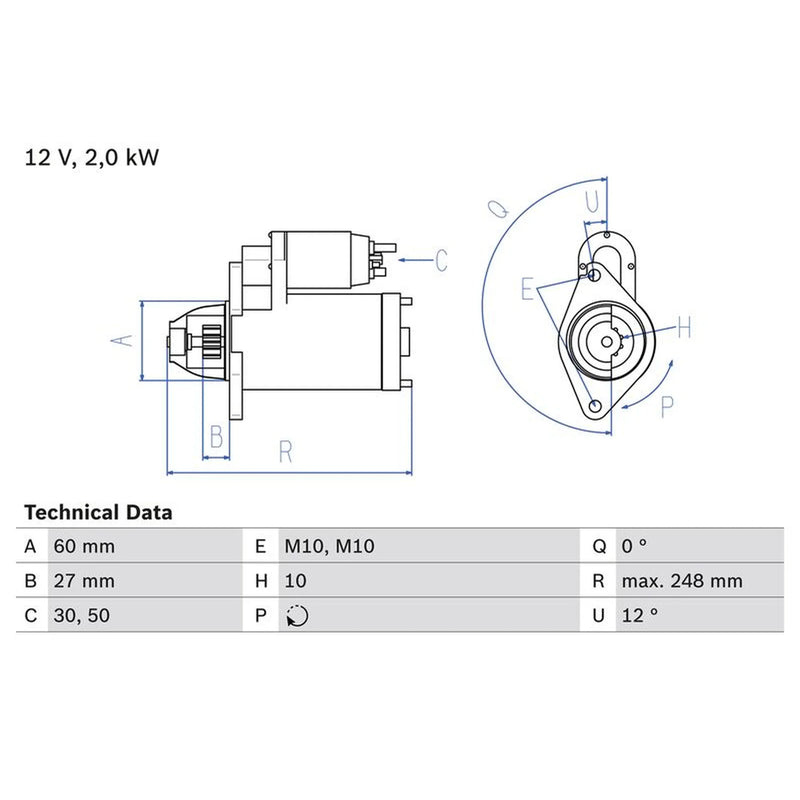Bosch Starter Motor 12V 2kW 10 Teeth 0 986 023 110