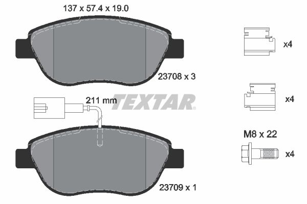 Textar Brake Pad Set Front 137mm x 57.4mm x 19mm 2370802