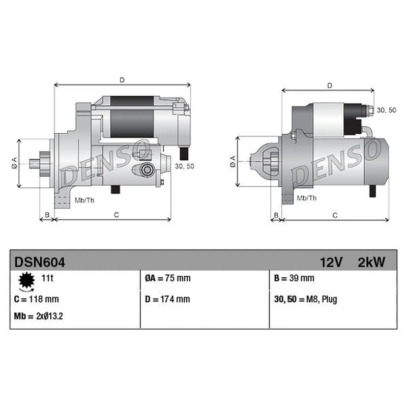Denso Starter Motor 12V 2kW 11 Teeth DSN604