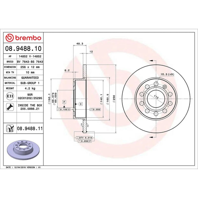 Brembo 2 x Solid Rear Brake Discs 08.9488.11-x2