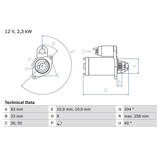 Bosch Starter Motor 12V 2.3kW 9 Teeth 0 986 019 820