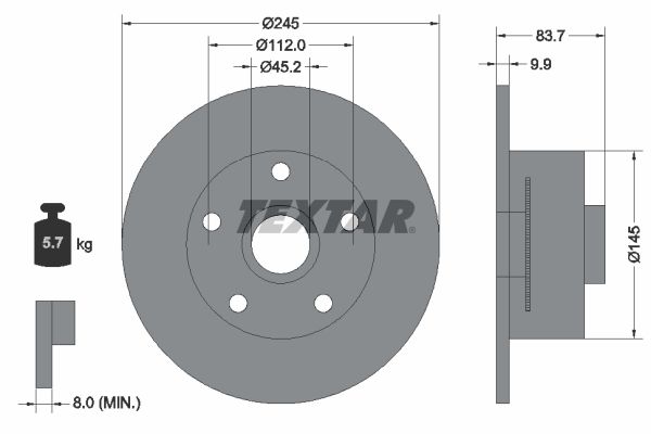 Textar 1 x Solid 245mm Brake Disc 92154303