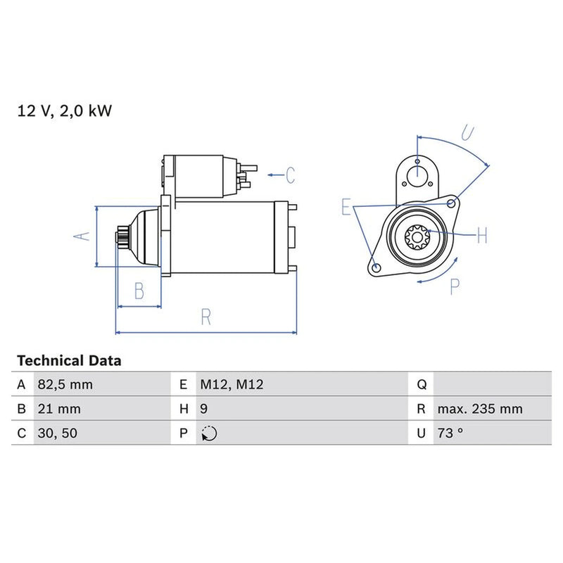 Bosch Starter Motor 12V 2kW 9 Teeth 0 986 021 630