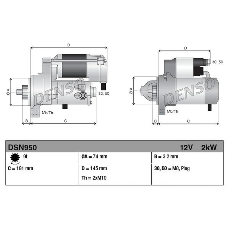 Denso Starter Motor 12V 2kW 9 Teeth fits Toyota Avensis 1997-2008 2.0