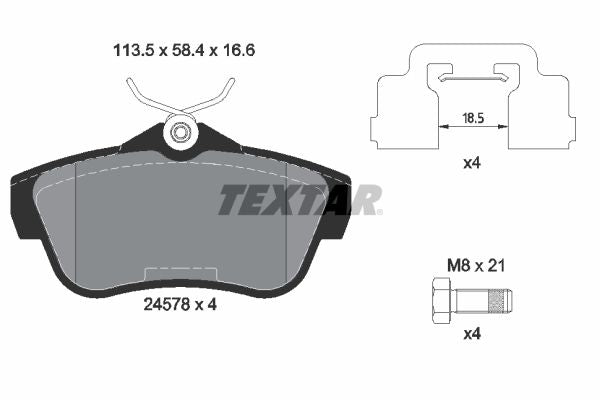 Textar Brake Pad Set Rear 113.5mm x 58.4mm x 16.6mm 2457801