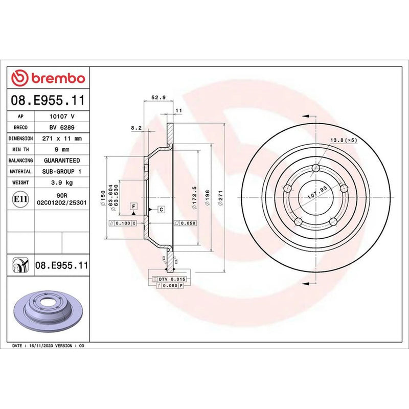 Brembo 2 x Solid Rear Brake Discs 08.E955.11-x2