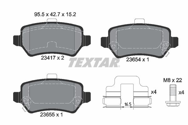 Textar Brake Pad Set Rear 95.5mm x 42.8mm x 15.2mm 2341703